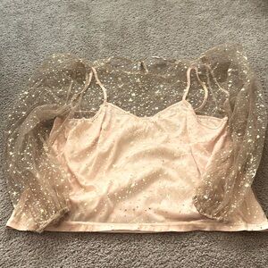 Peach top, cami attached sheer top with stars